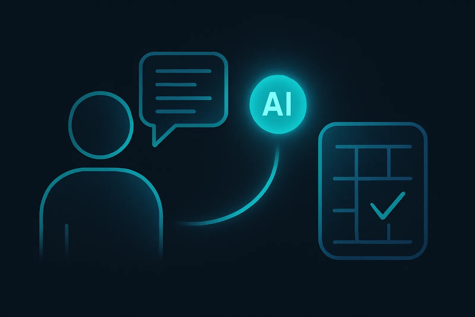 Ilustración editorial abstracta de datos de conversación estructurados fluyendo a una scorecard