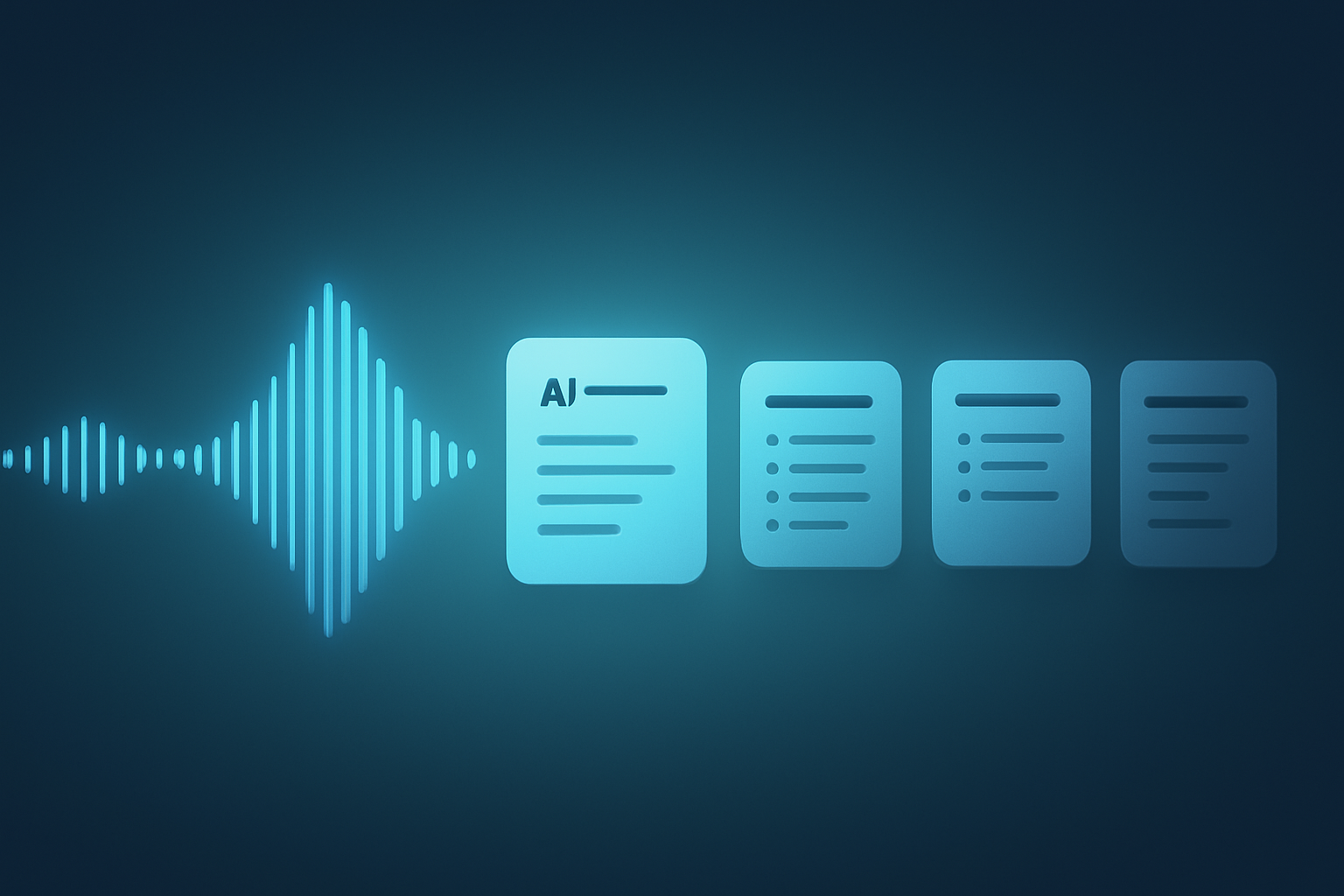 Banner abstracto de una onda de sonido que se convierte en tarjetas estructuradas para notas de reuniones con IA