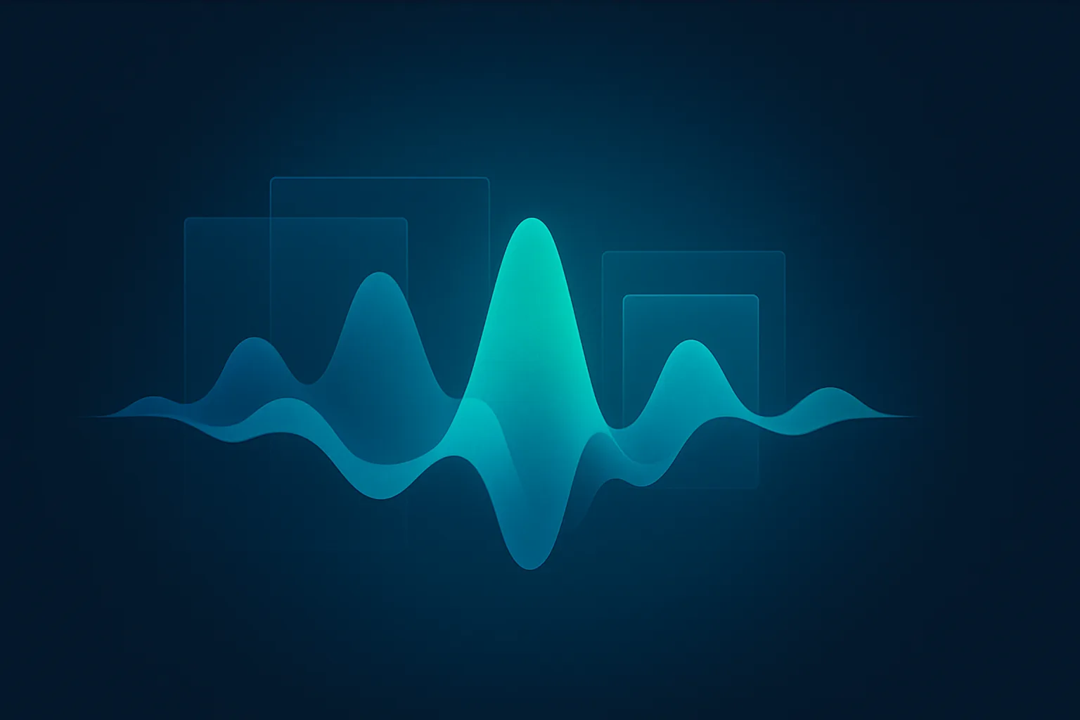 Ilustración abstracta de ondas de audio en capas fusionándose con paneles de pantalla en azul y teal sobre fondo azul marino, representando notetakers de IA rankeados para 2026.
