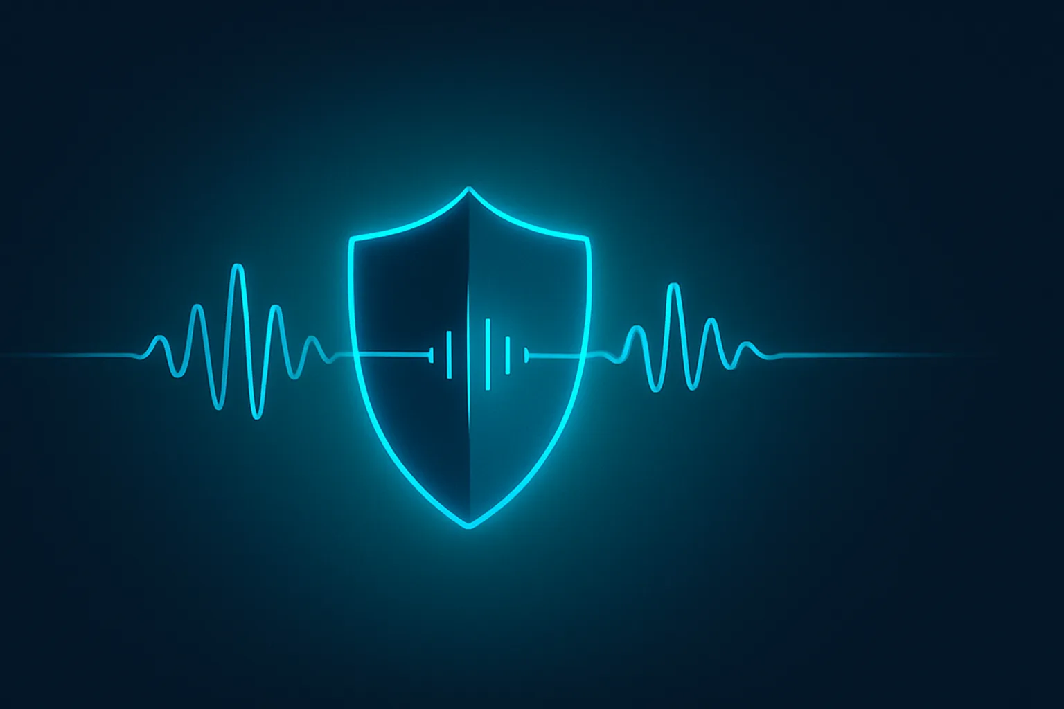 Banner abstracto de una onda de sonido atravesando un escudo de privacidad en azul y teal sobre azul marino, representando la privacidad de notetakers sin bot.
